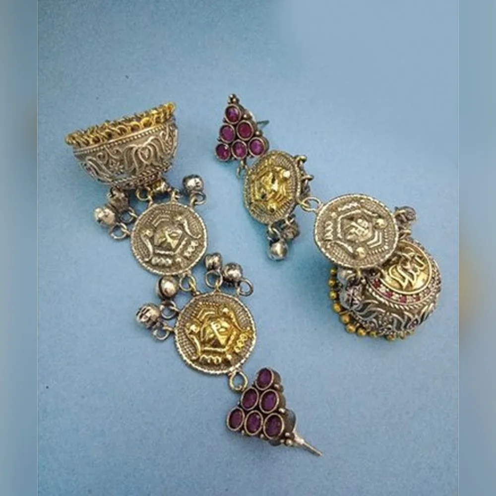 Shakti dual tone Durga coin long jhumki earrings