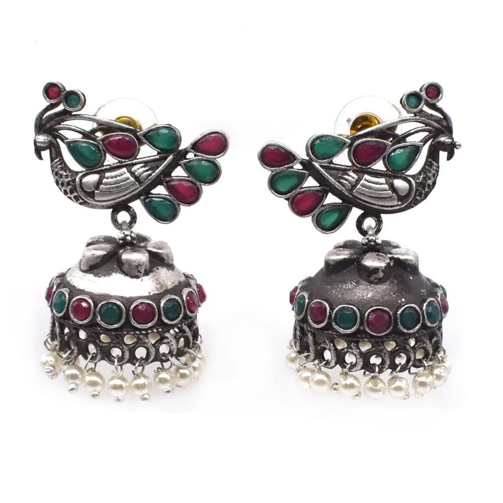 Mayura peacock oxidised jhumka earrings with red and green stones