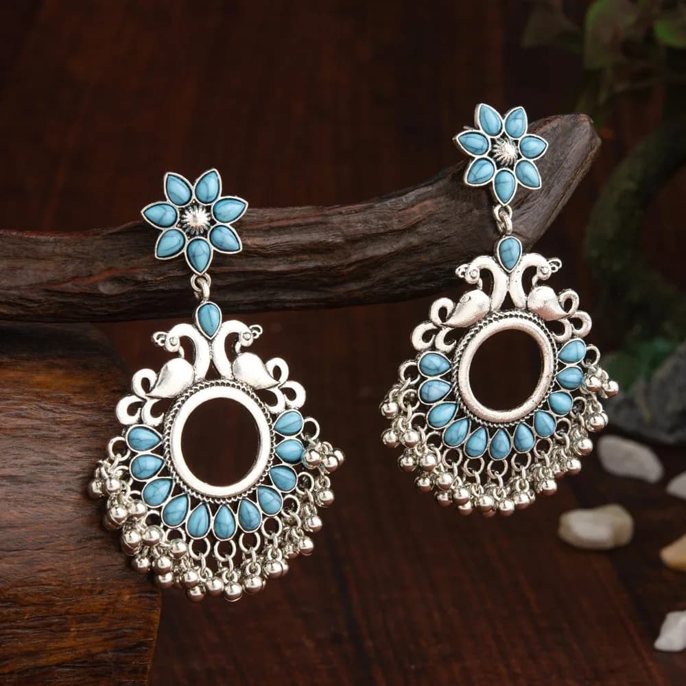 Nritya peacock hoop oxidised earrings with ghungroo