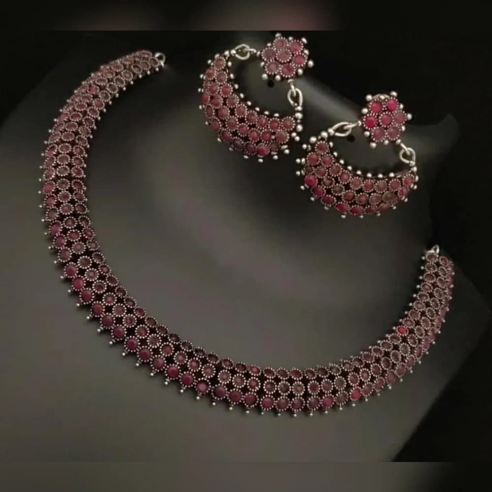 Gulmohar ruby red oxidised choker set with earrings