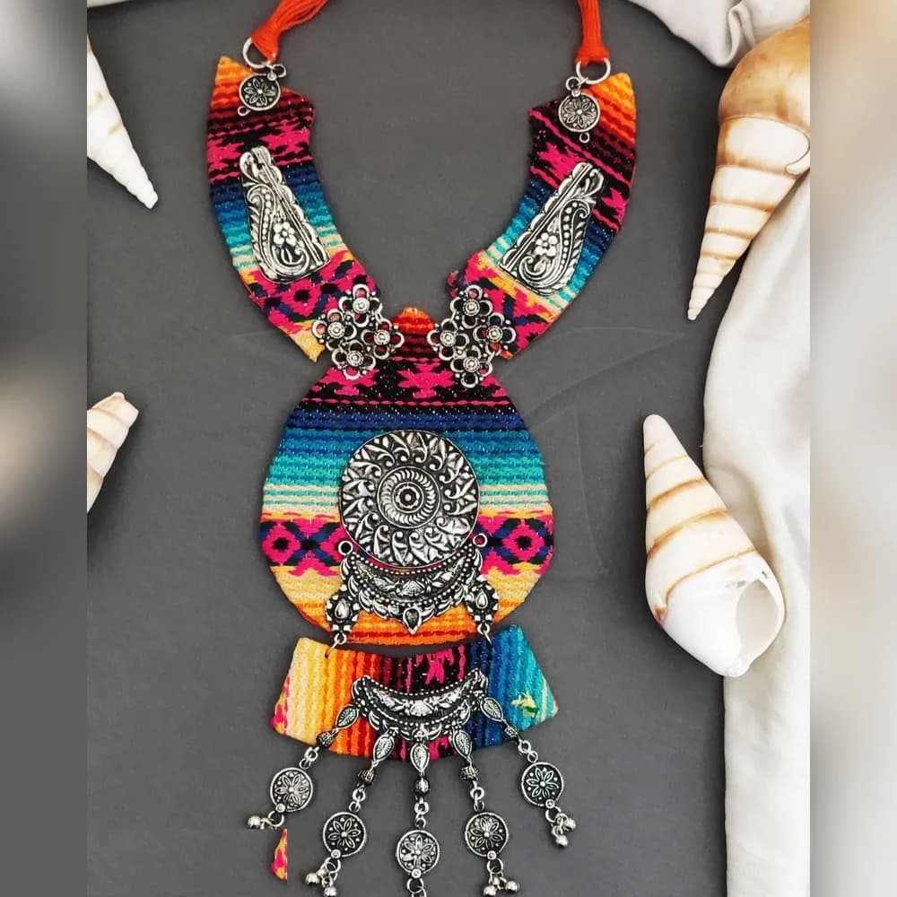 Rangeela multicolour fabric oxidised garba necklace