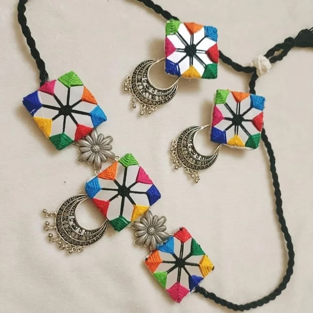 Abhla thread and mirror necklace set with oxidised chandbali earrings