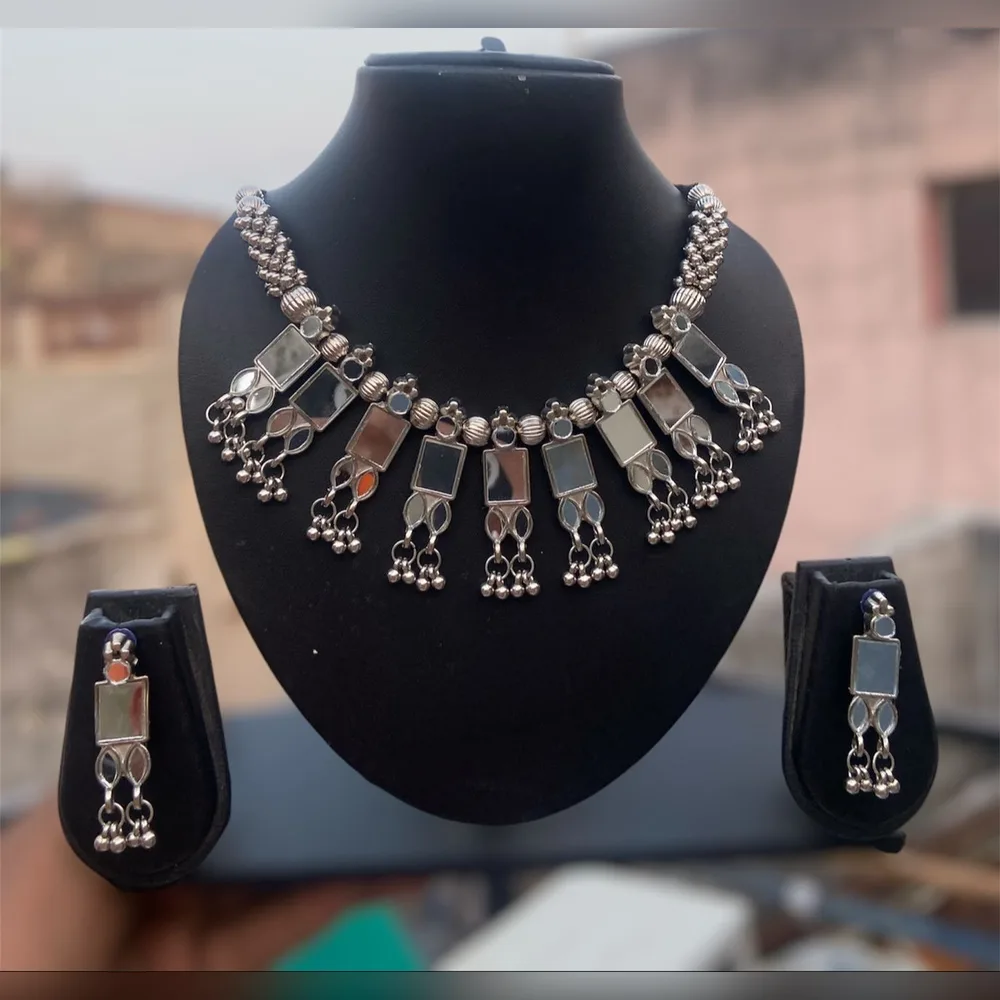 Aaina mirror oxidised choker set with earrings