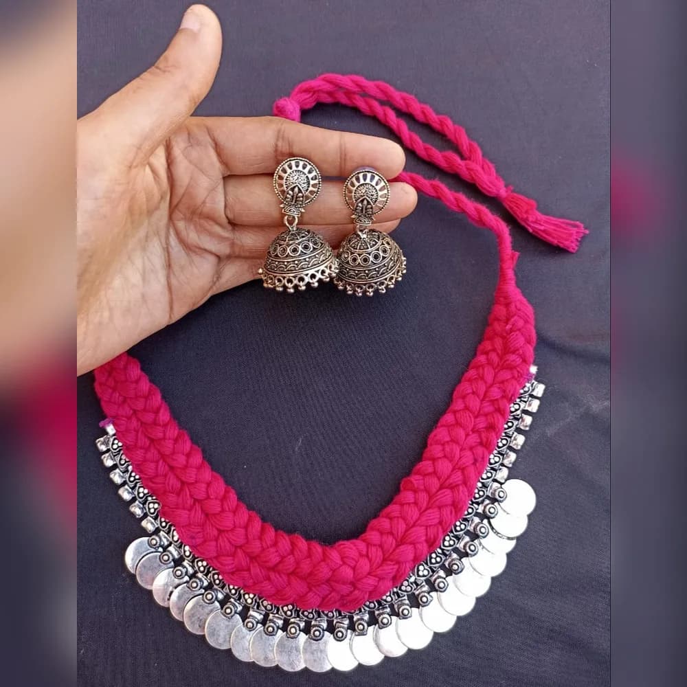 Sikka coin and thread oxidised choker set with jhumkas